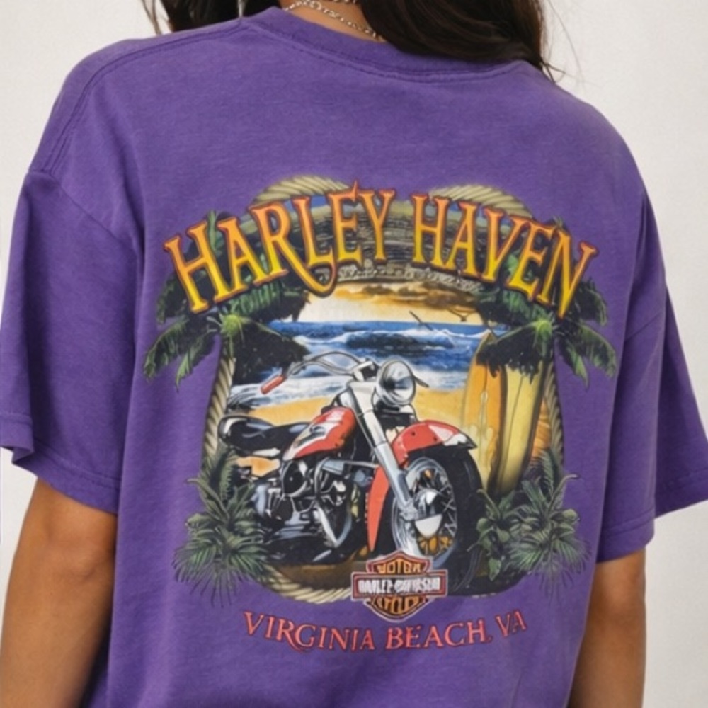 Harley Davidson Purple Graphic Tee Virginia Beach Y2K Motorcycle Biker Shirt - Picture 3 of 9